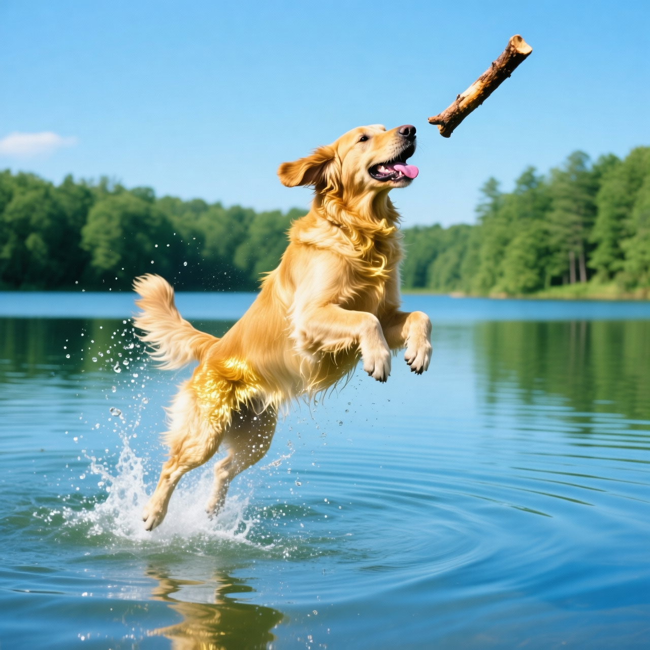 A golden retriever leaping into a lake to fetch a stick, splashing water, sunny day