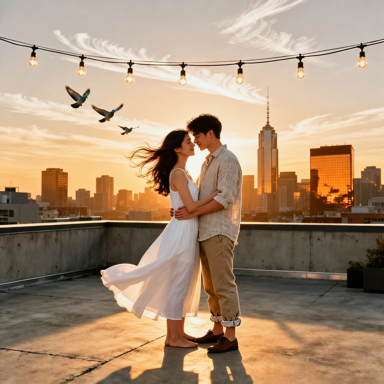 Sun-drenched lifestyle portrait of an attractive adult couple in their late 20s embracing on a rooftop at sunset, stylish summer outfits, candid romantic mood, warm cinematic light, photorealistic