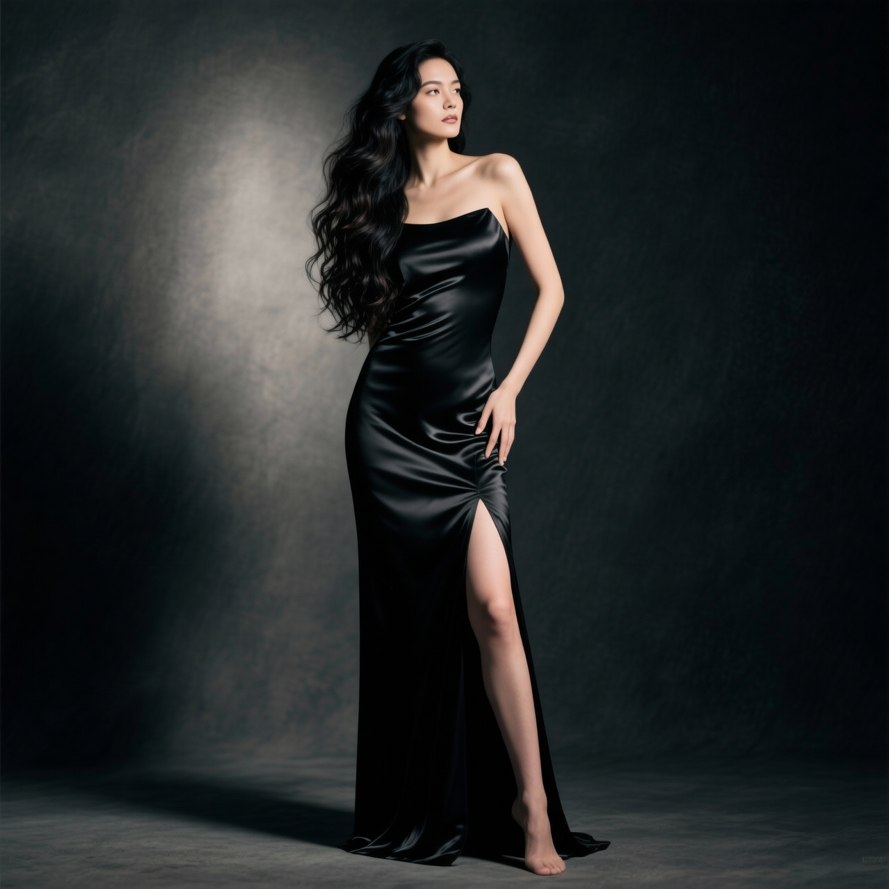 Editorial glamour portrait of a confident woman in her late 20s with long dark wavy hair, wearing an elegant black evening gown with a subtle high slit, soft studio rim lighting, dramatic shadows, luxury fashion photography, 85mm, shallow depth of field, photorealistic