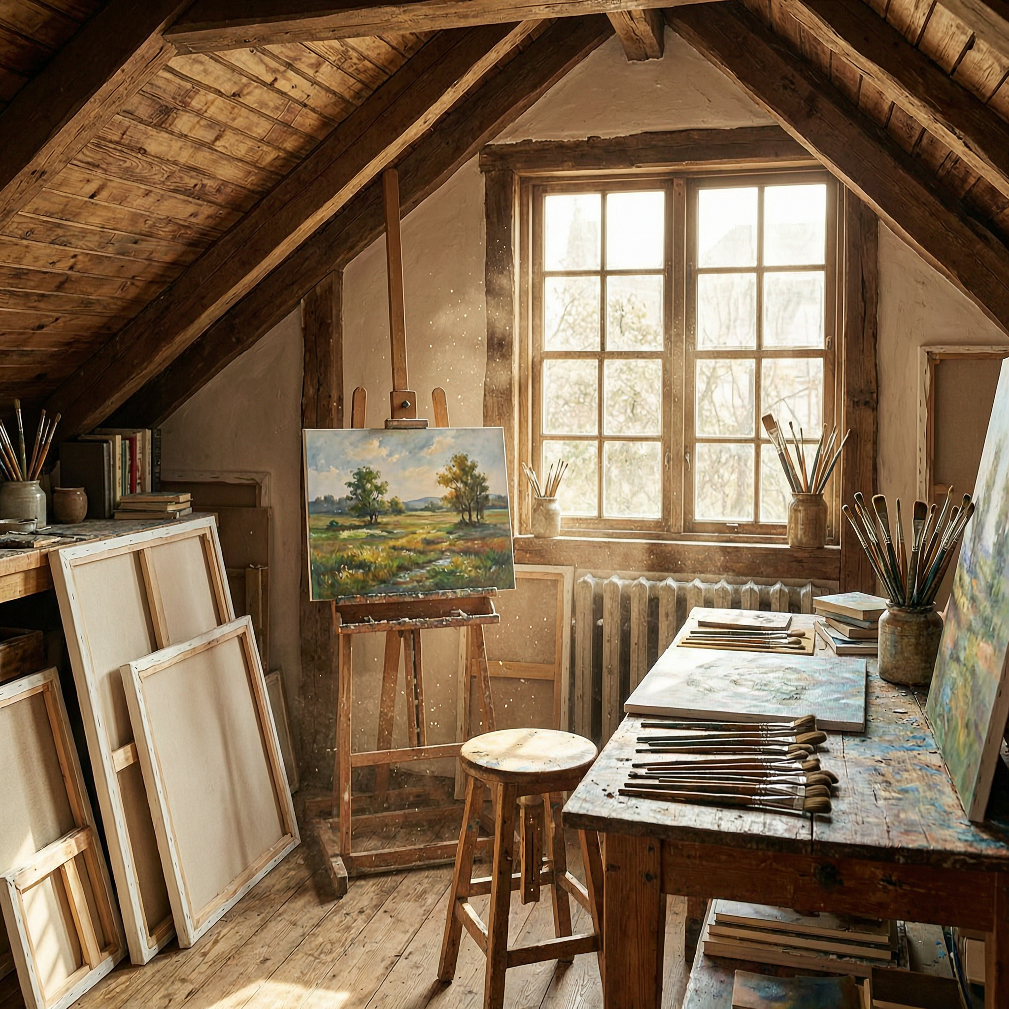 A cozy attic art studio in afternoon sun, canvases and brushes, warm dust motes