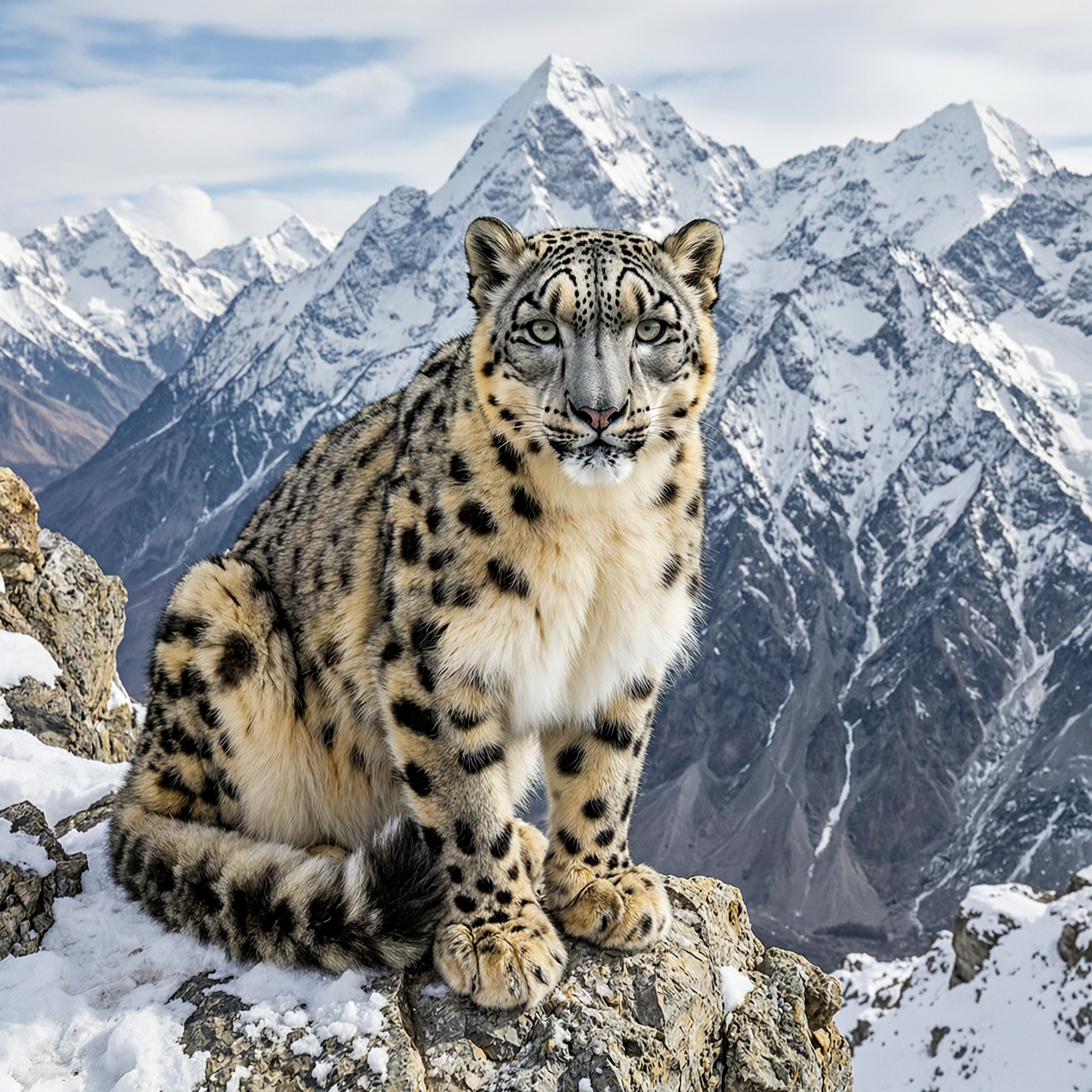 A snow leopard on a rocky Himalayan ledge, piercing eyes, crisp wildlife photography