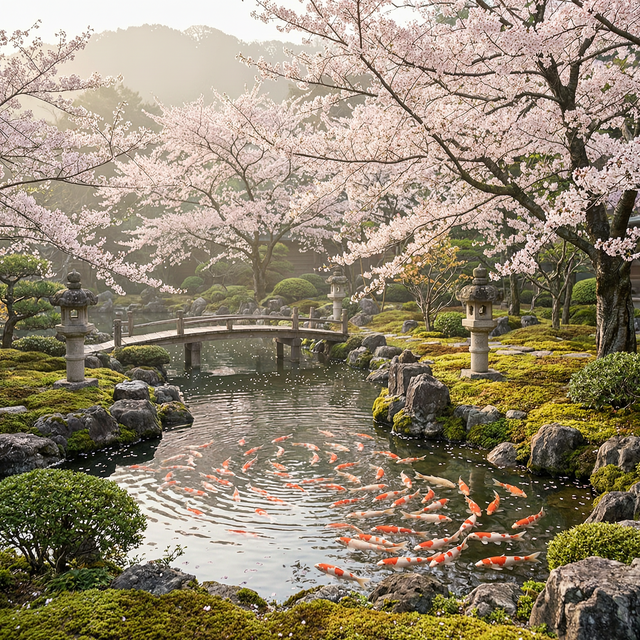 A serene Japanese tea garden in spring, cherry blossoms over a koi pond, soft morning light