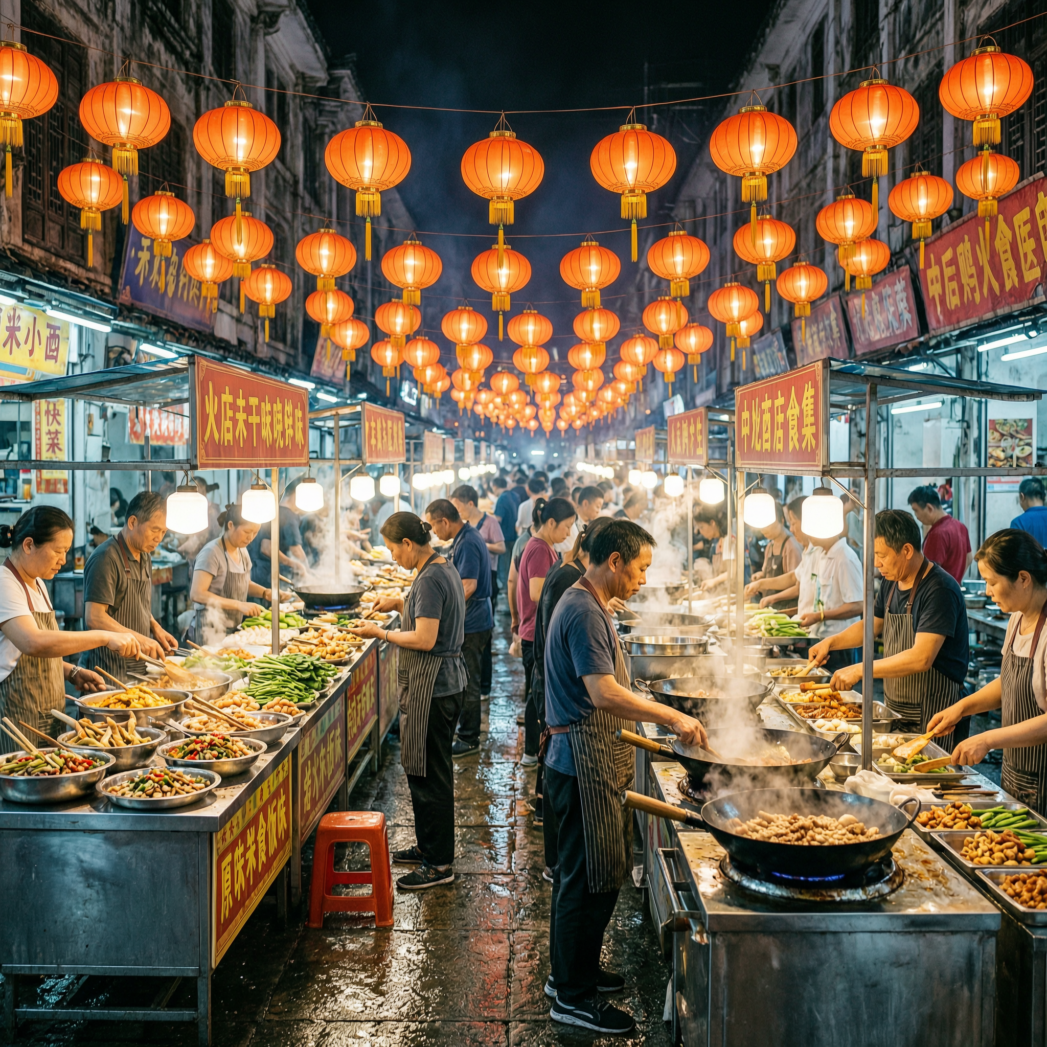 A vibrant night street food market, glowing lanterns and sizzling woks, rich color