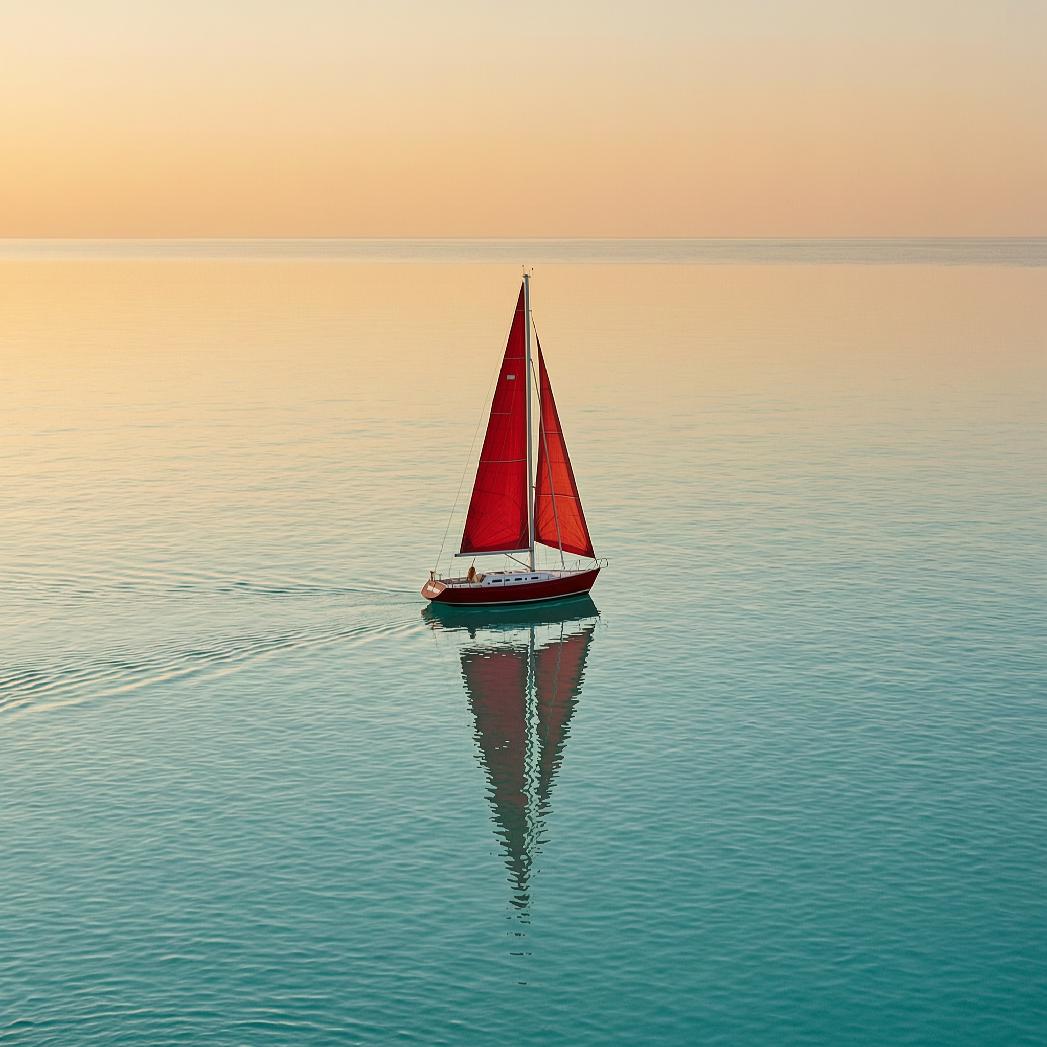 A lone red sailboat on a calm turquoise sea at golden hour, minimalist, gentle reflections