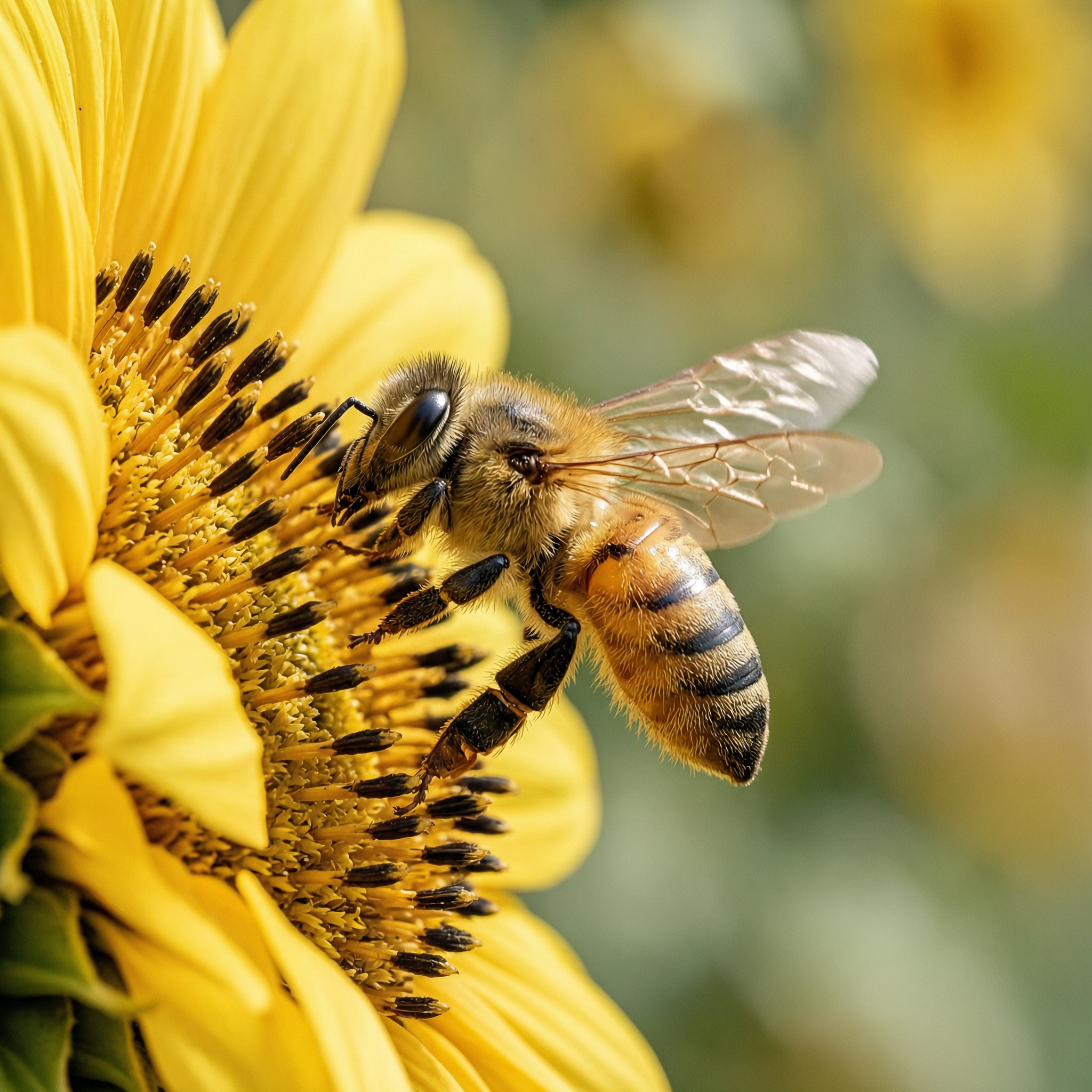 A close-up of a bee on a sunflower, wings mid-flutter, macro detail, soft bokeh