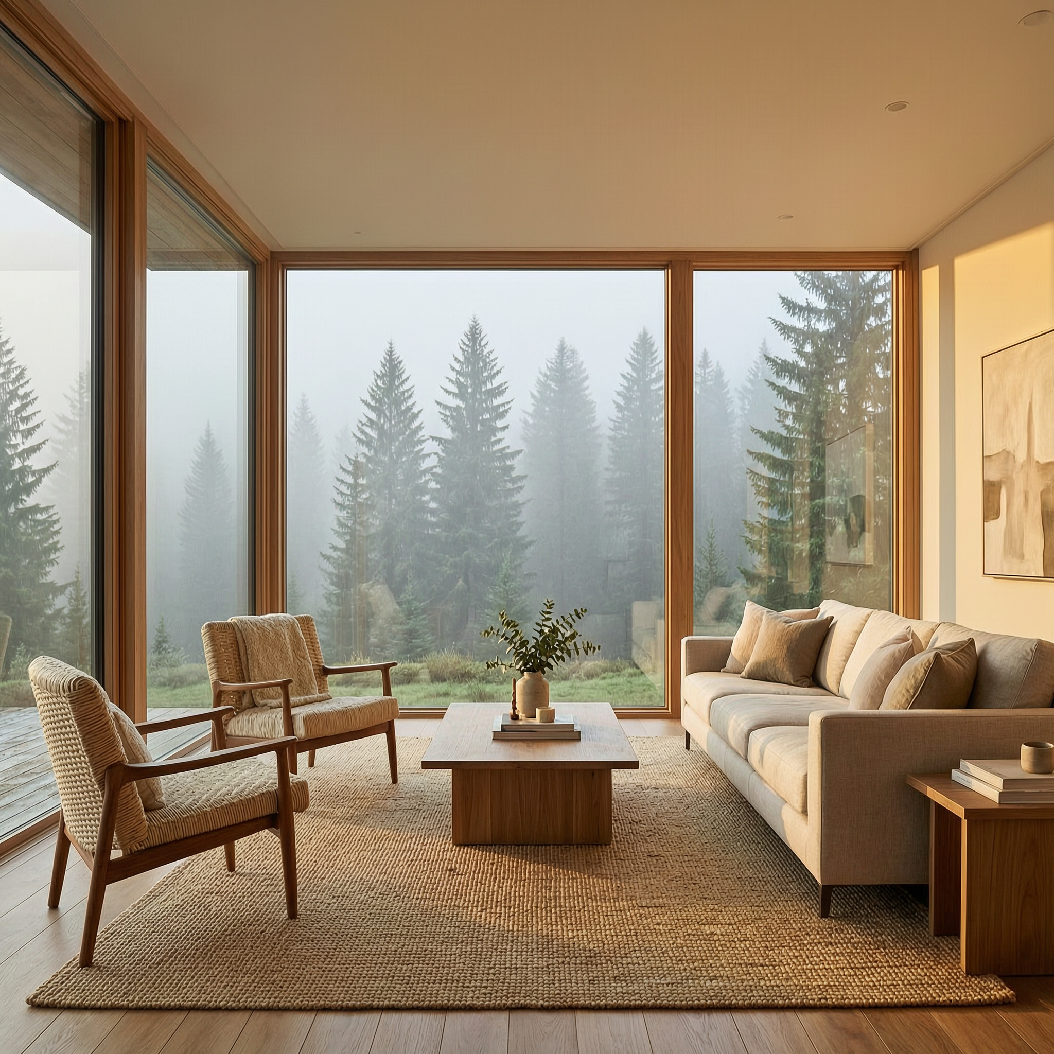 A modern living room with floor-to-ceiling windows over a misty forest, warm light