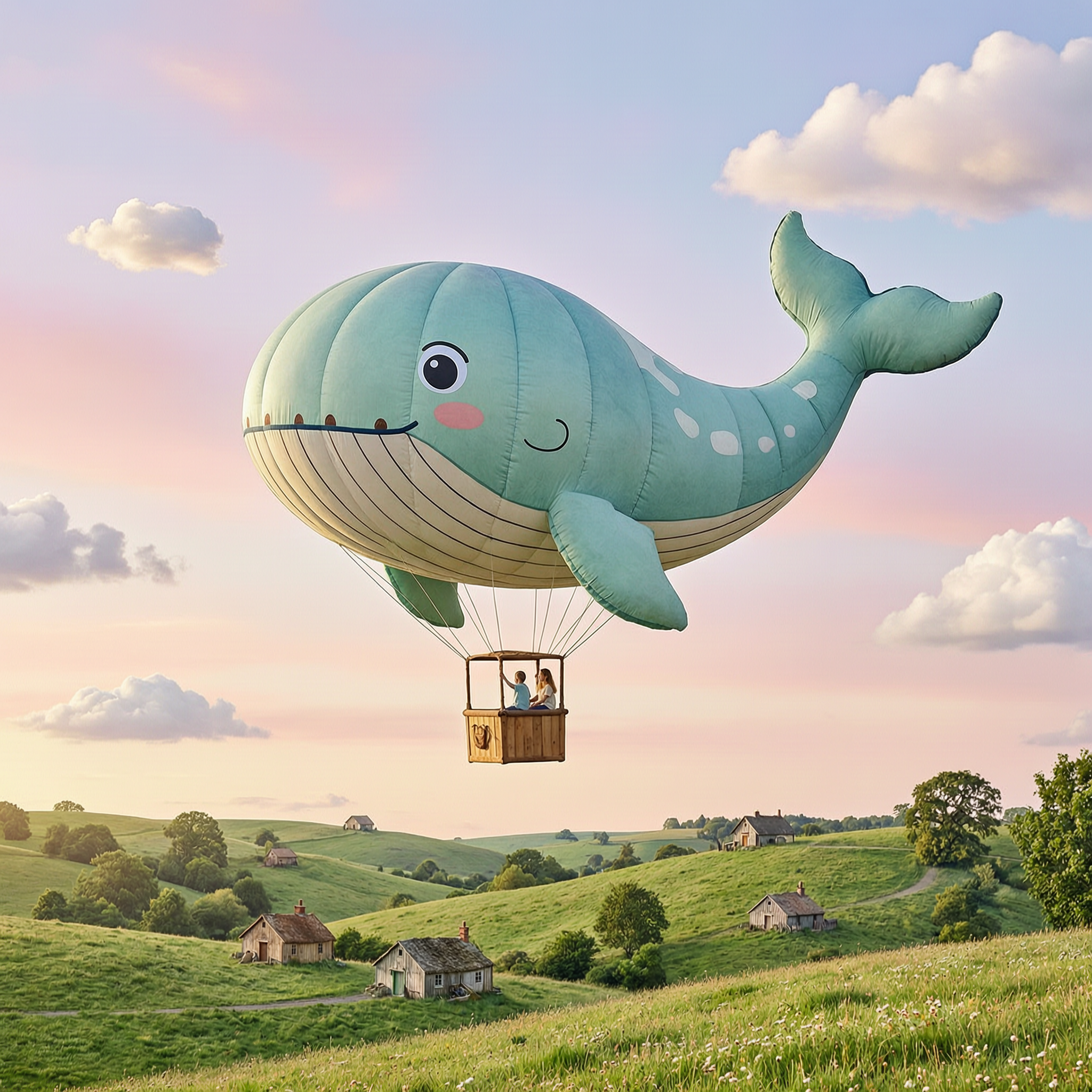 A whimsical hot air balloon shaped like a whale over green hills, pastel sky