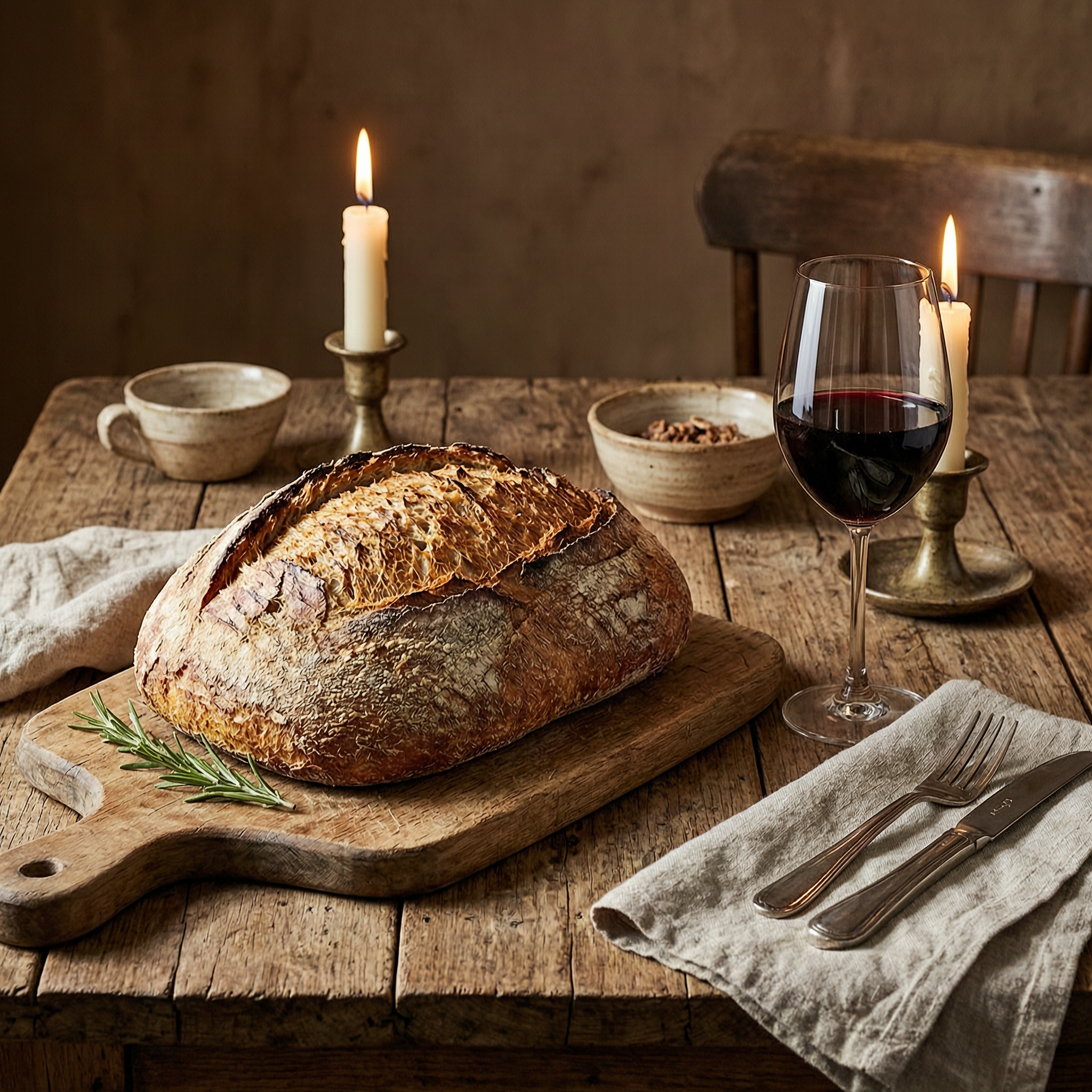 A rustic loaf of crusty bread and red wine on a wooden table, candlelit food photography