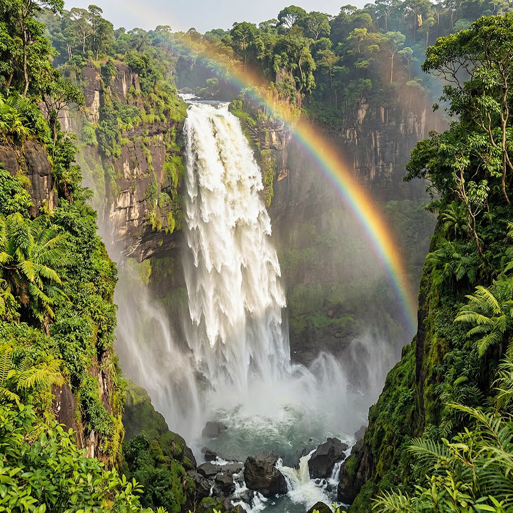 A powerful waterfall through a lush green canyon, mist catching rainbow light