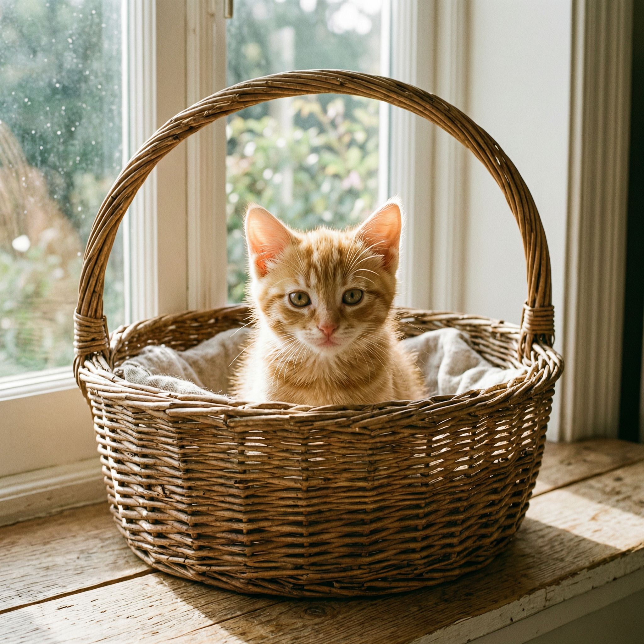 An orange tabby kitten peeking out of a wicker basket, soft window light