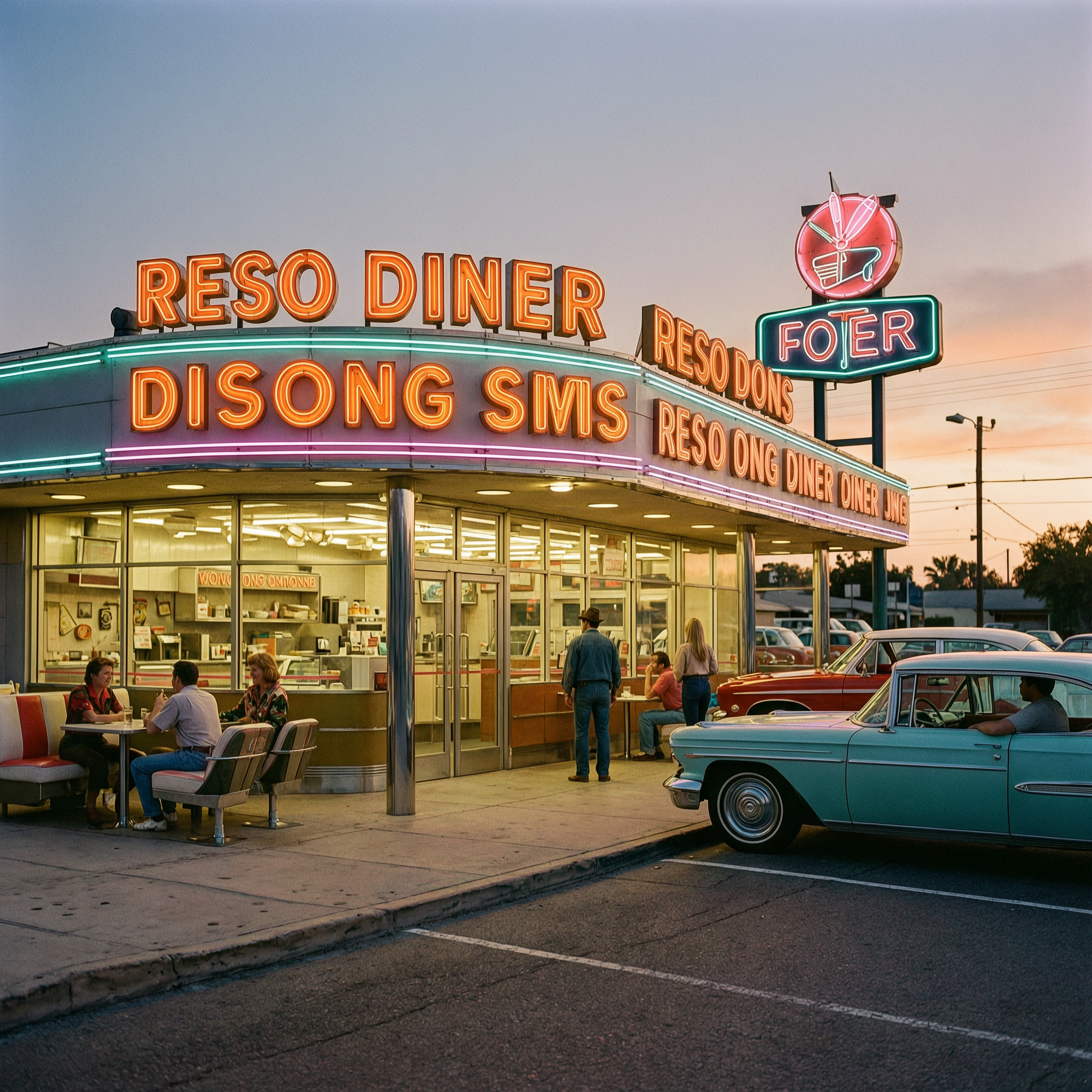 A retro 1960s diner at dusk, neon signs glowing, classic cars, nostalgic tones