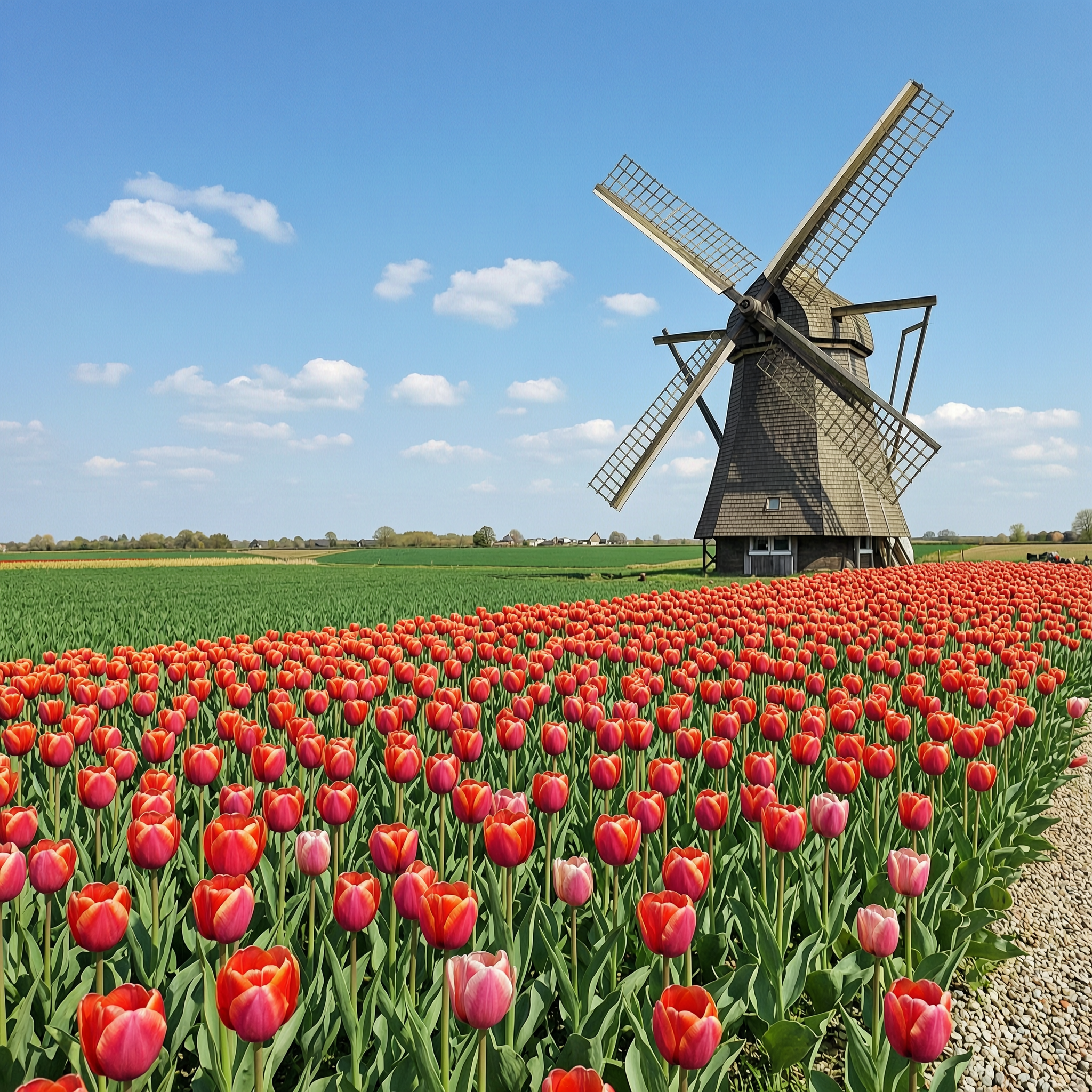 A field of vibrant tulips toward a windmill, bright blue sky, Dutch countryside