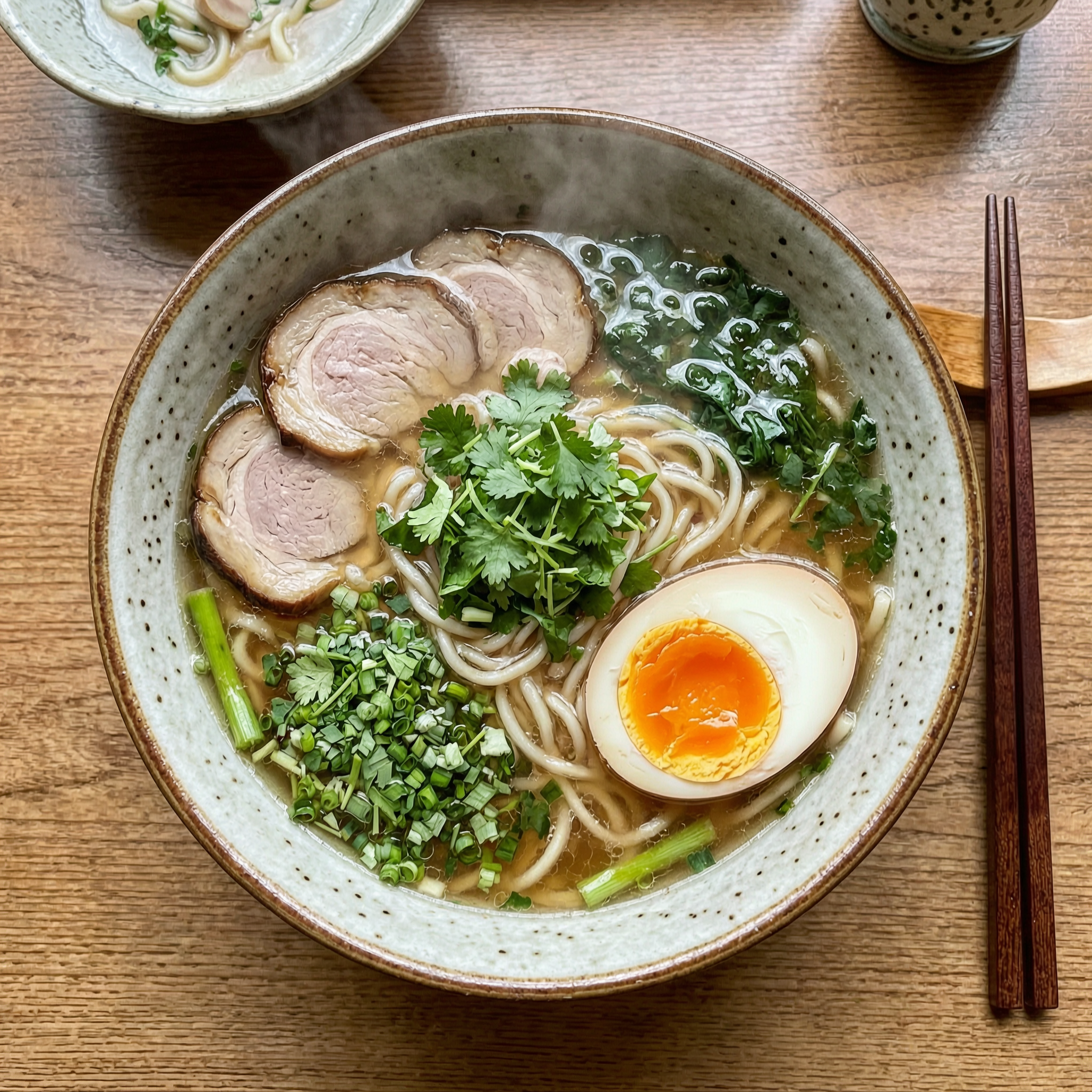 A steaming bowl of ramen with herbs and a soft egg, overhead food photography