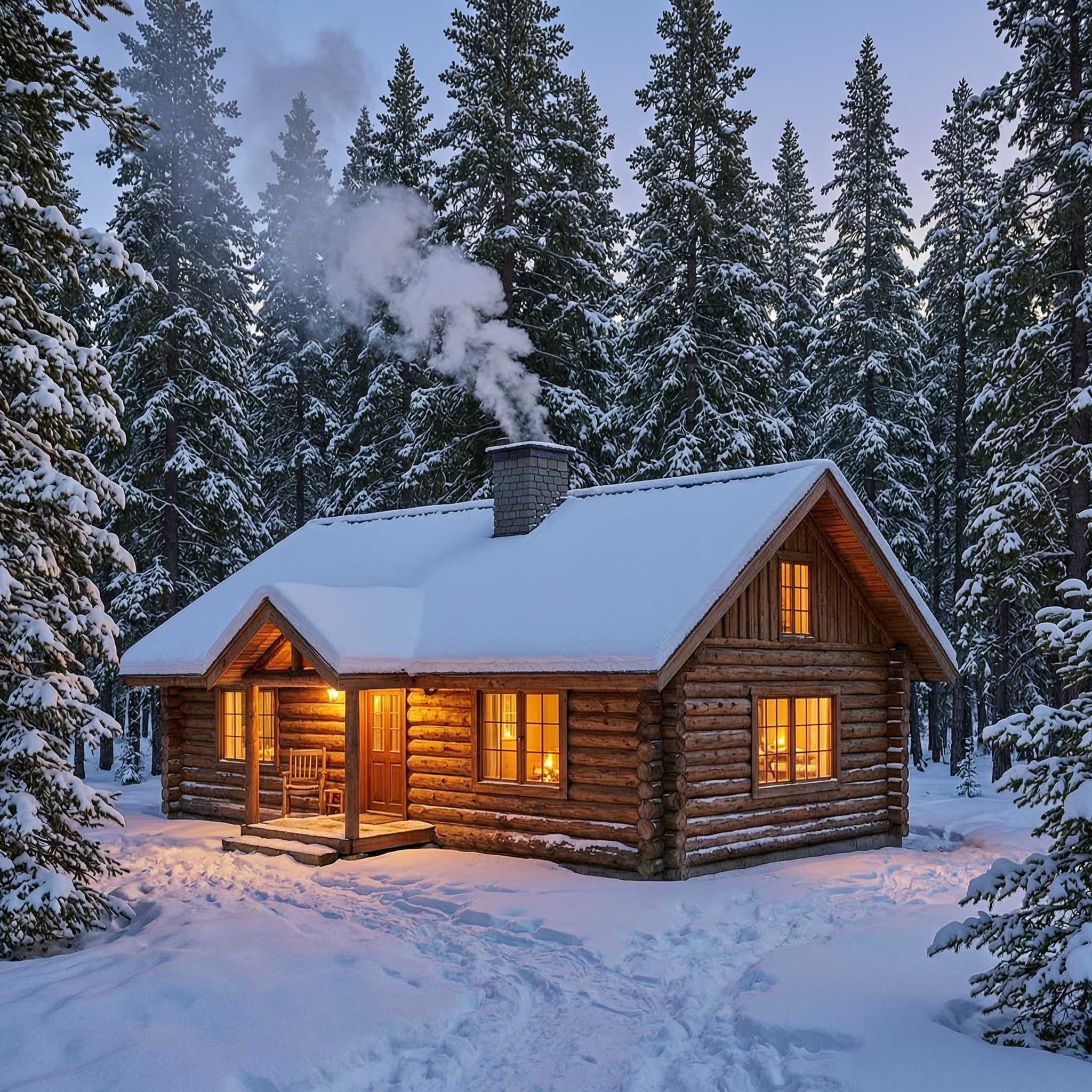 A snow-dusted log cabin glowing in a pine forest at twilight, chimney smoke