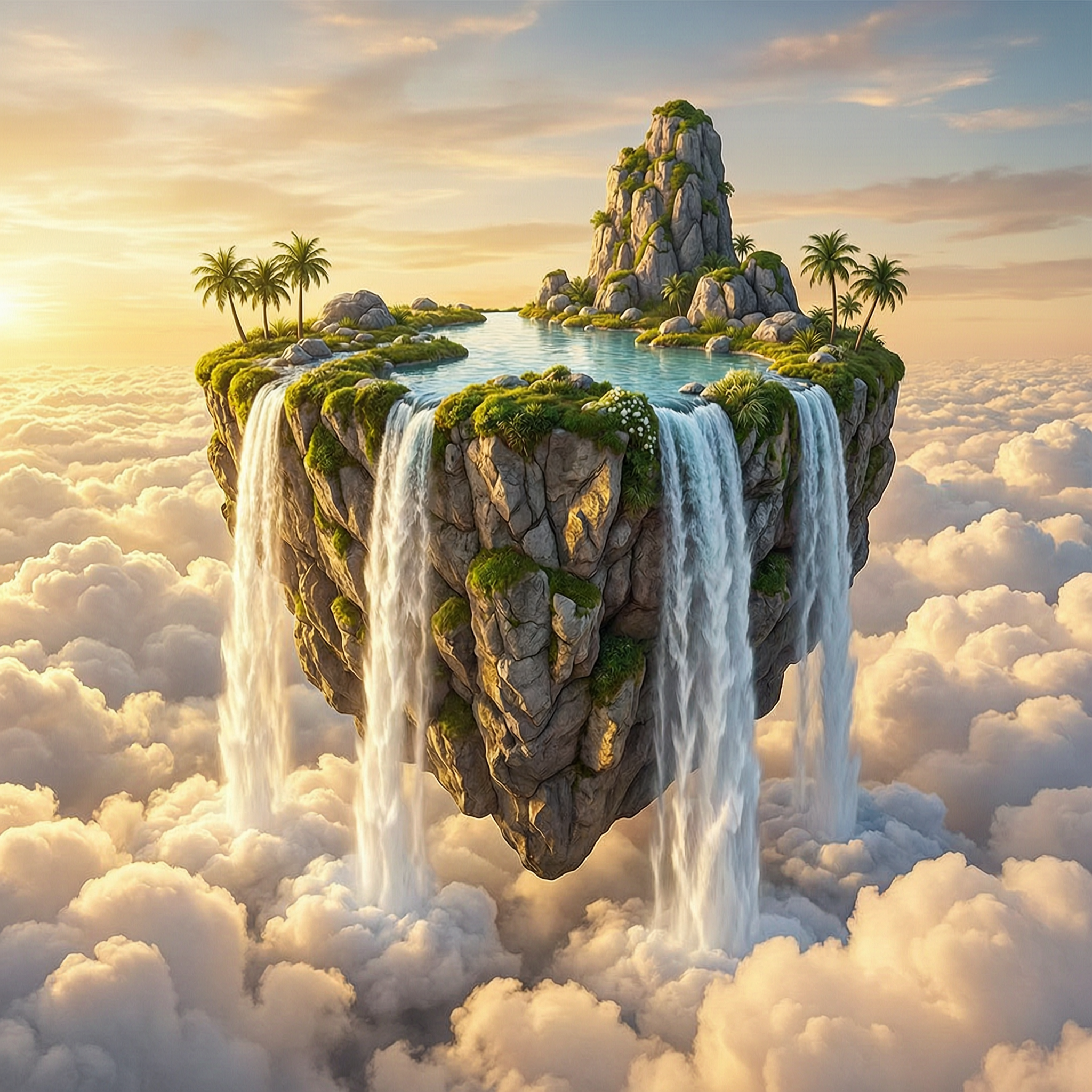 A surreal floating island with waterfalls spilling into clouds, golden light