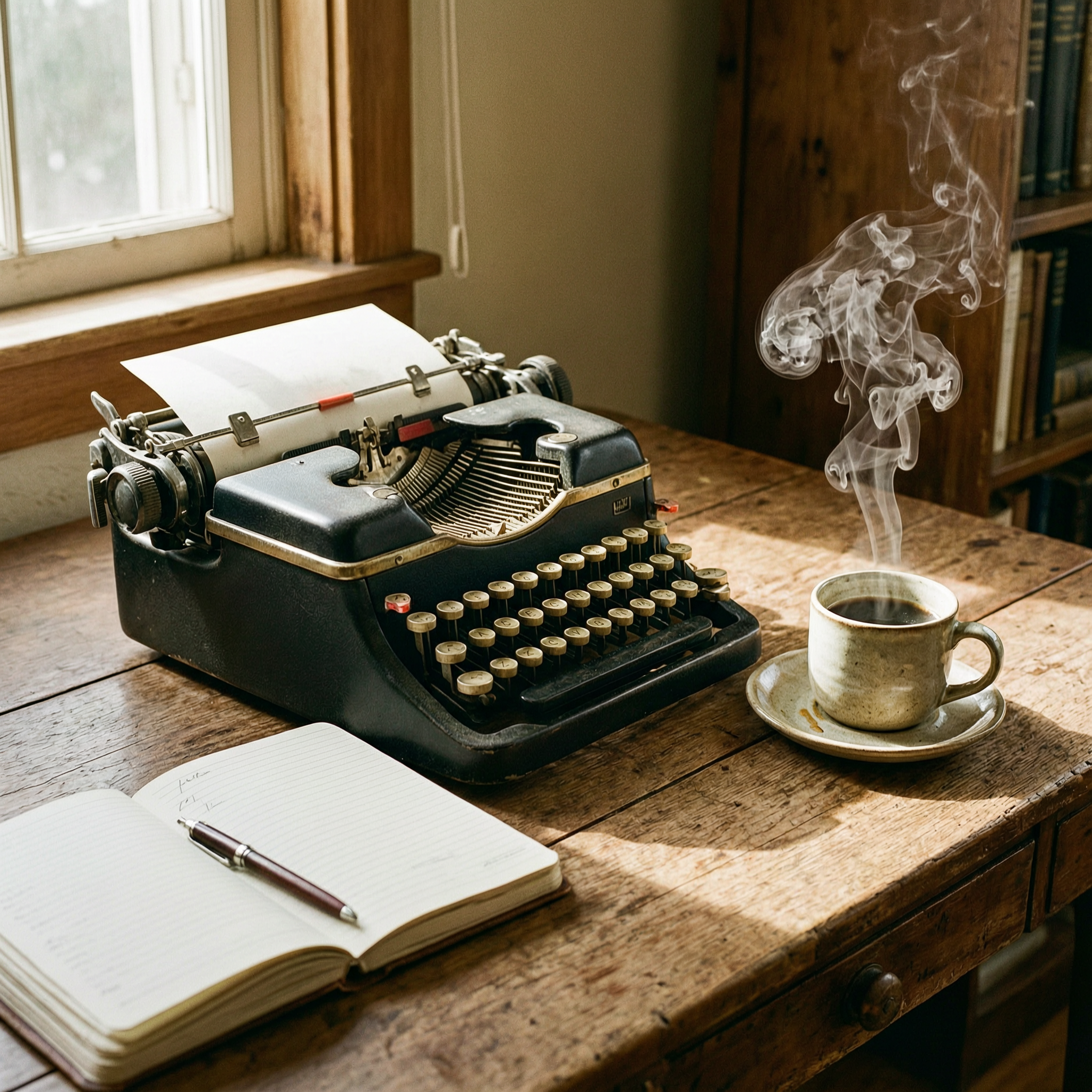 A vintage typewriter beside a steaming coffee and open notebook, cinematic light