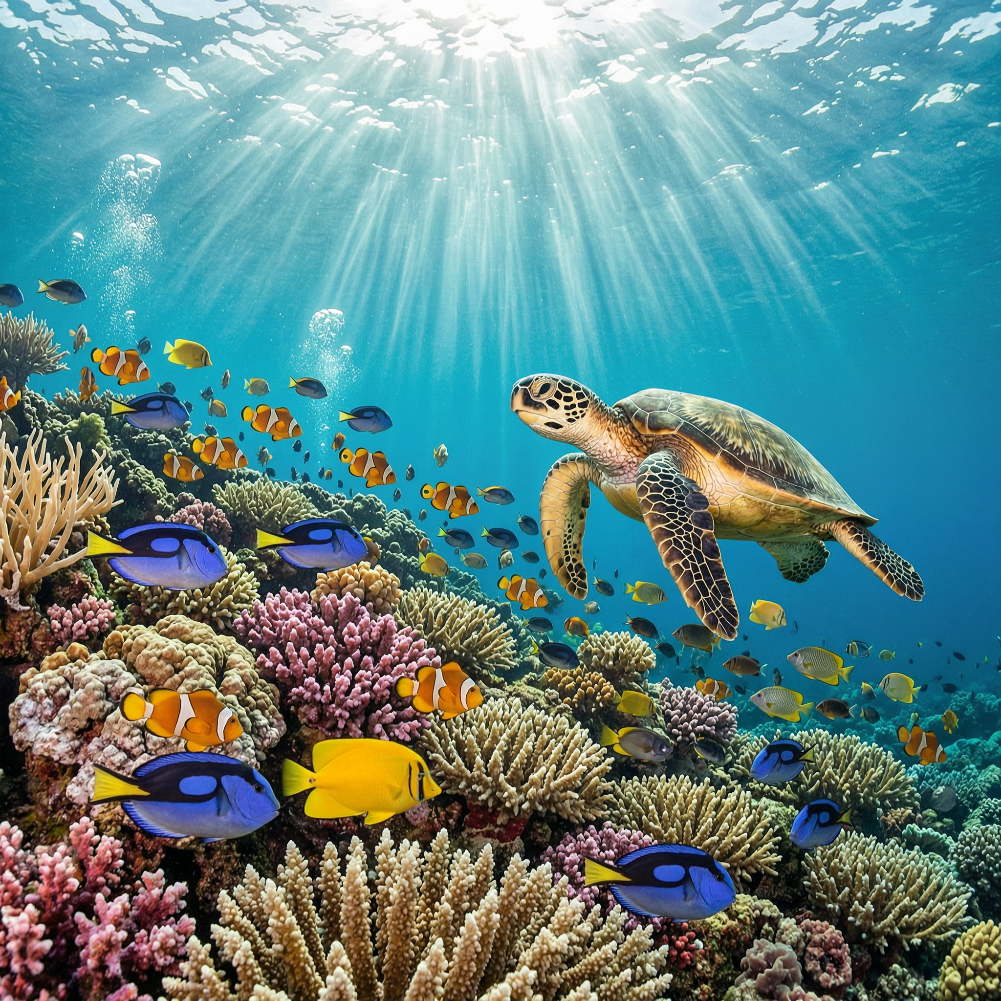 A vibrant coral reef with tropical fish and a sea turtle, sun rays underwater