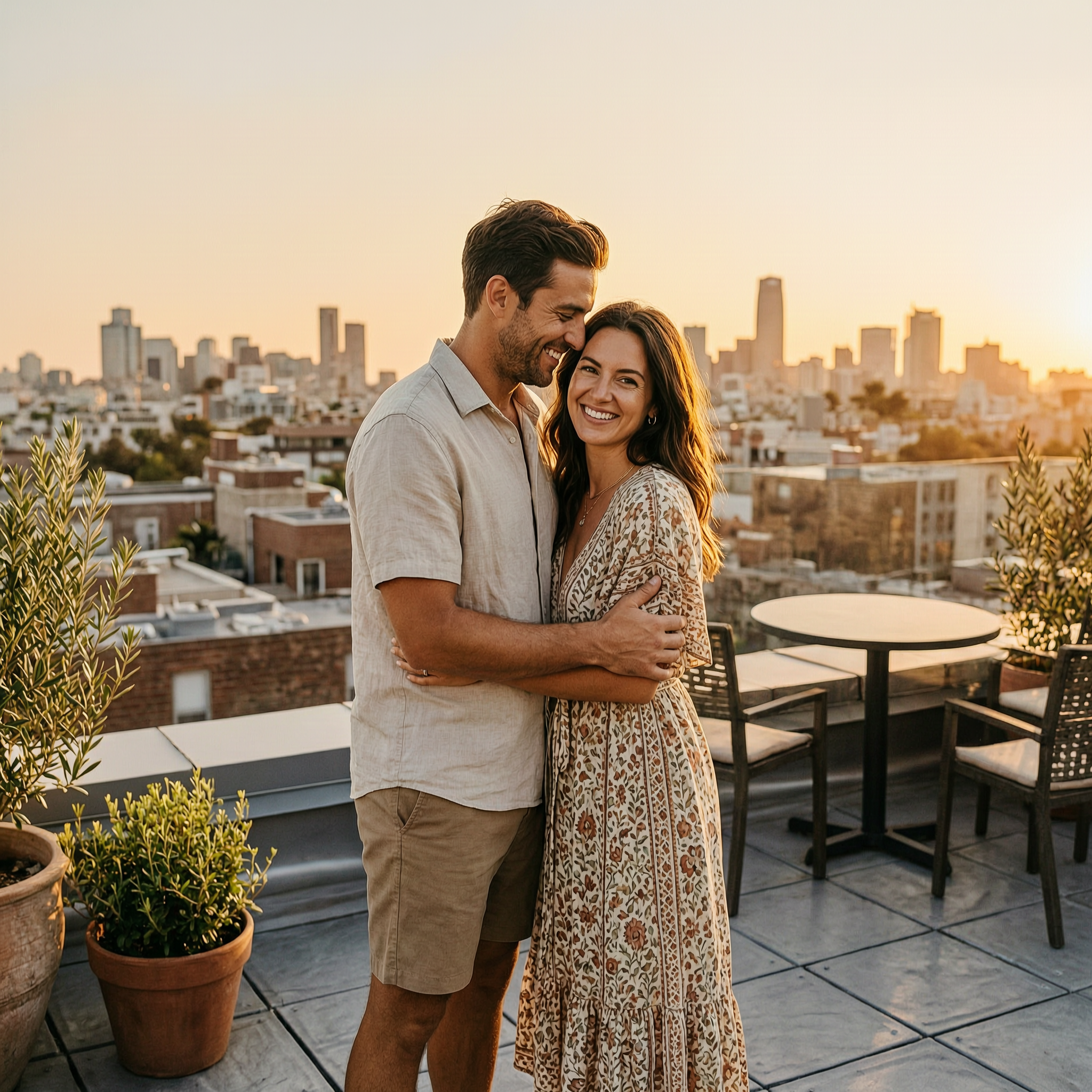Sun-drenched lifestyle portrait of an attractive adult couple in their late 20s embracing on a rooftop at sunset, stylish summer outfits, candid romantic mood, warm cinematic light, photorealistic