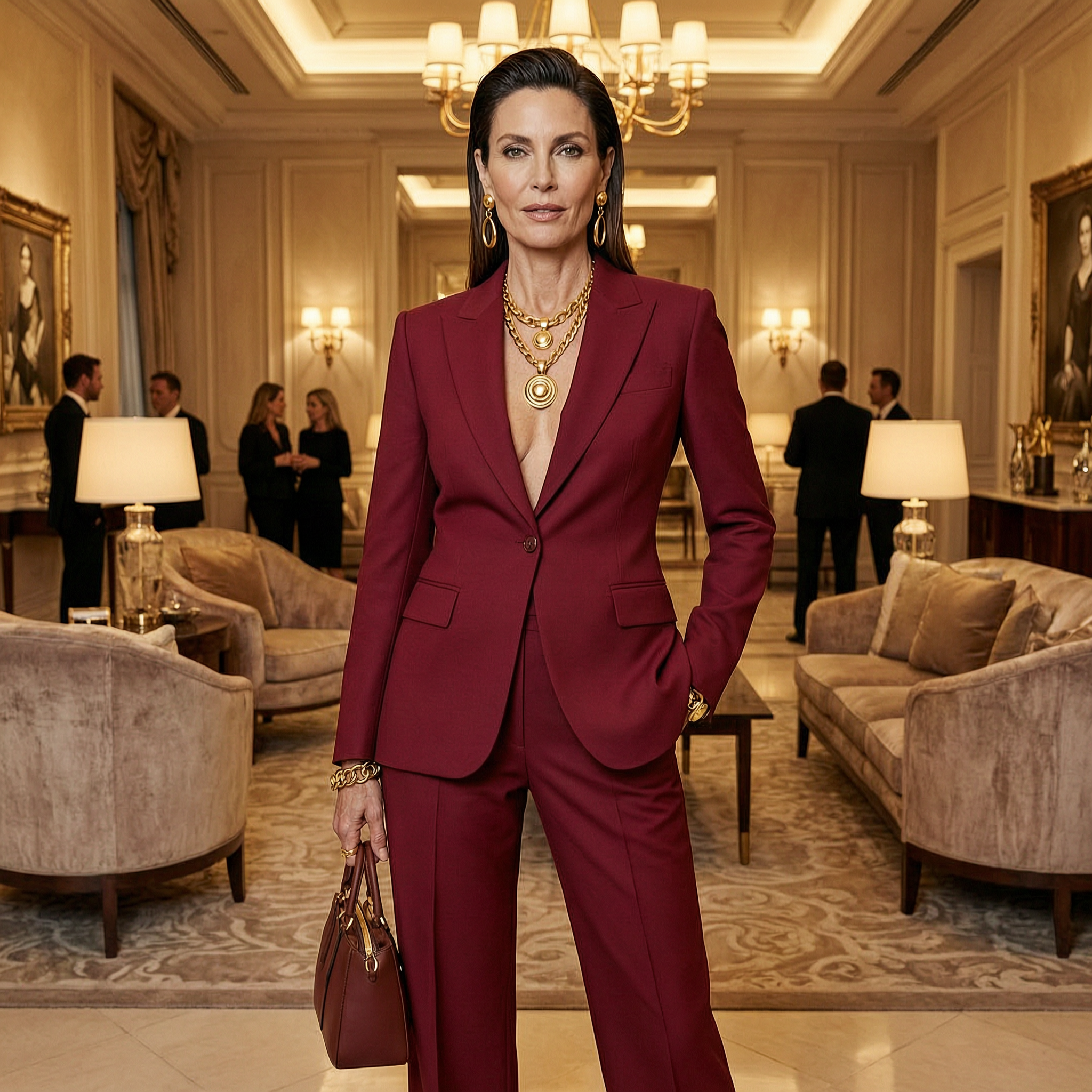 Glamour fashion portrait of an adult woman in a tailored crimson power suit with statement gold jewelry, confident pose in a luxury hotel lobby, warm cinematic lighting, high-fashion editorial, fully clothed, photorealistic
