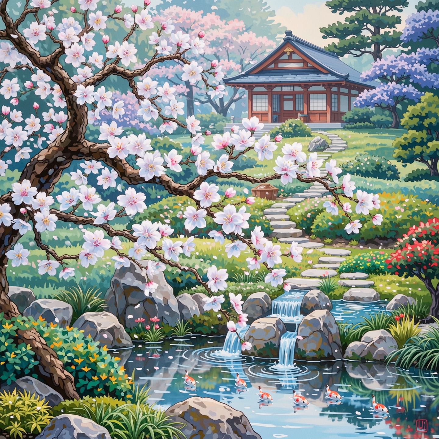 A serene Japanese tea garden in spring, cherry blossoms drifting over a koi pond, soft morning light, highly detailed