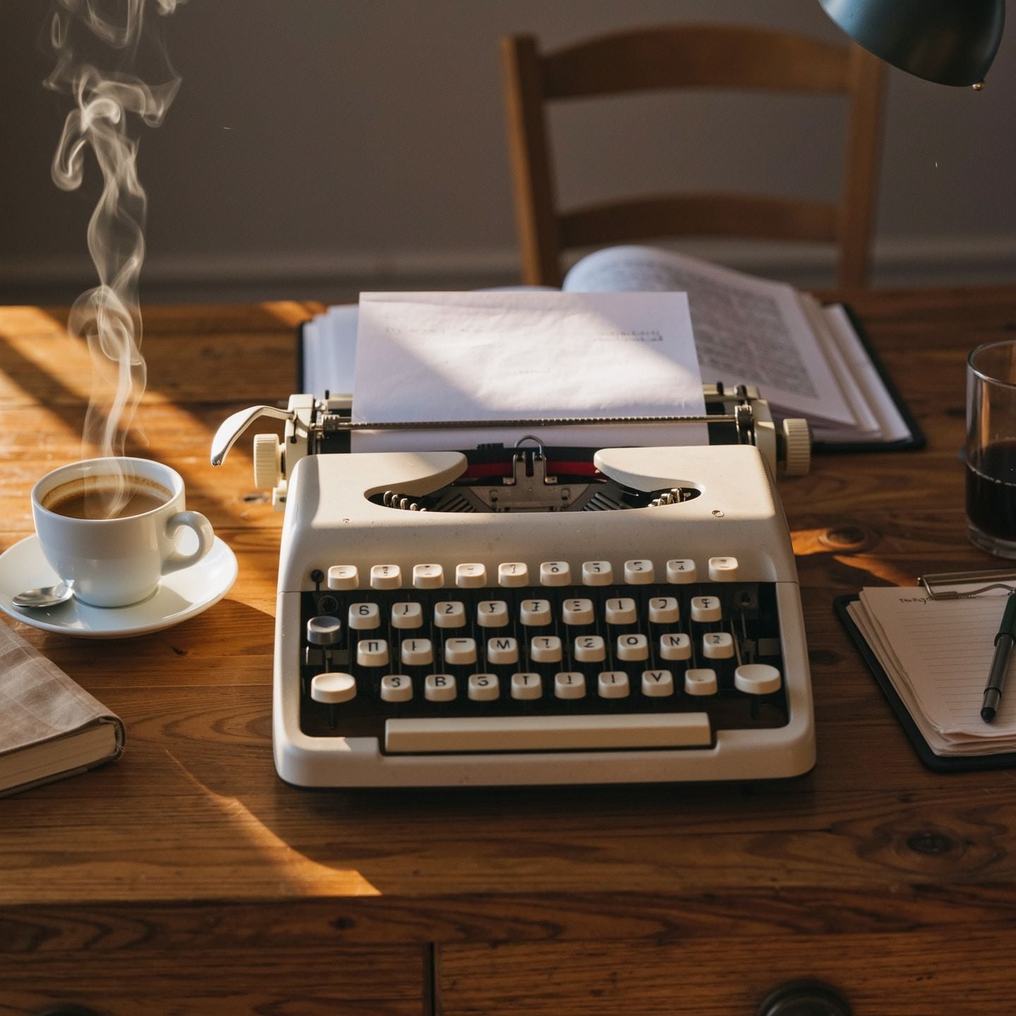 A vintage typewriter on a desk beside a steaming coffee and an open notebook, warm cinematic lighting