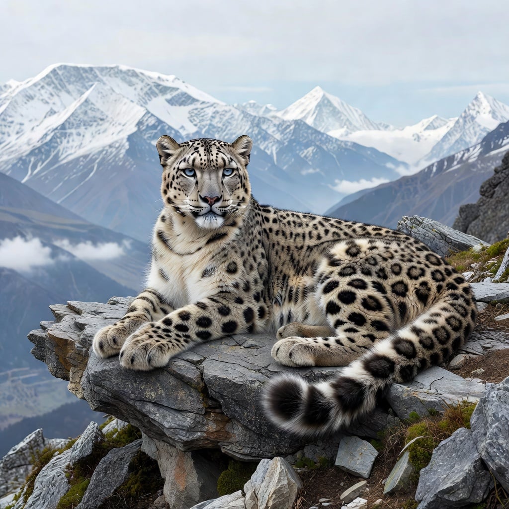 A majestic snow leopard resting on a rocky Himalayan ledge, piercing eyes, crisp wildlife photography