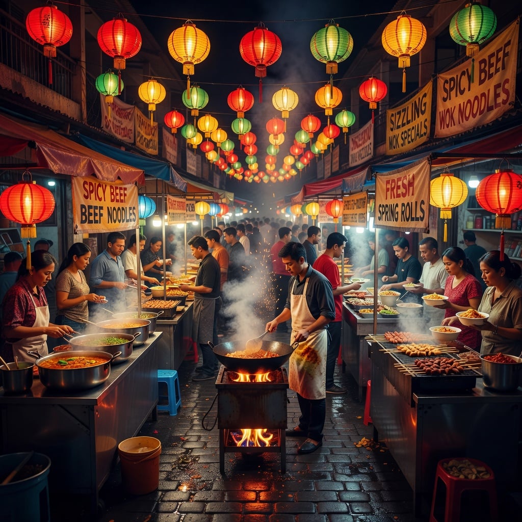 A vibrant street food market at night, glowing lanterns and sizzling woks, rich atmospheric color