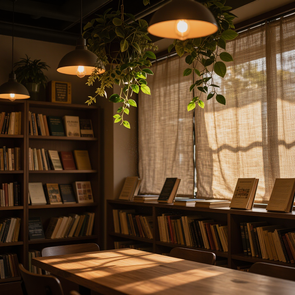 a cozy bookstore cafe interior, warm lighting, hanging plants, wooden shelves