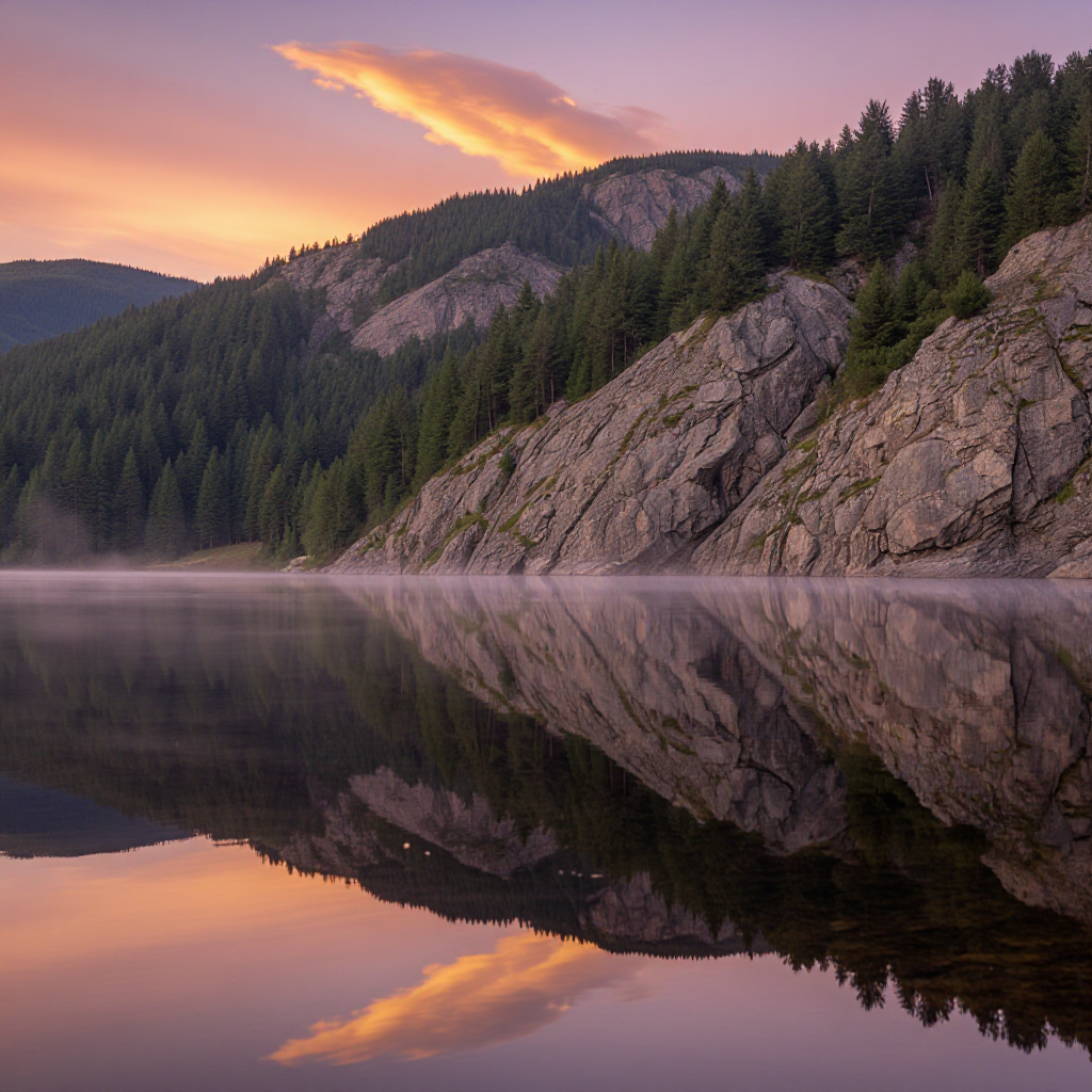a serene mountain lake at sunrise, mirror reflection, soft pastel sky