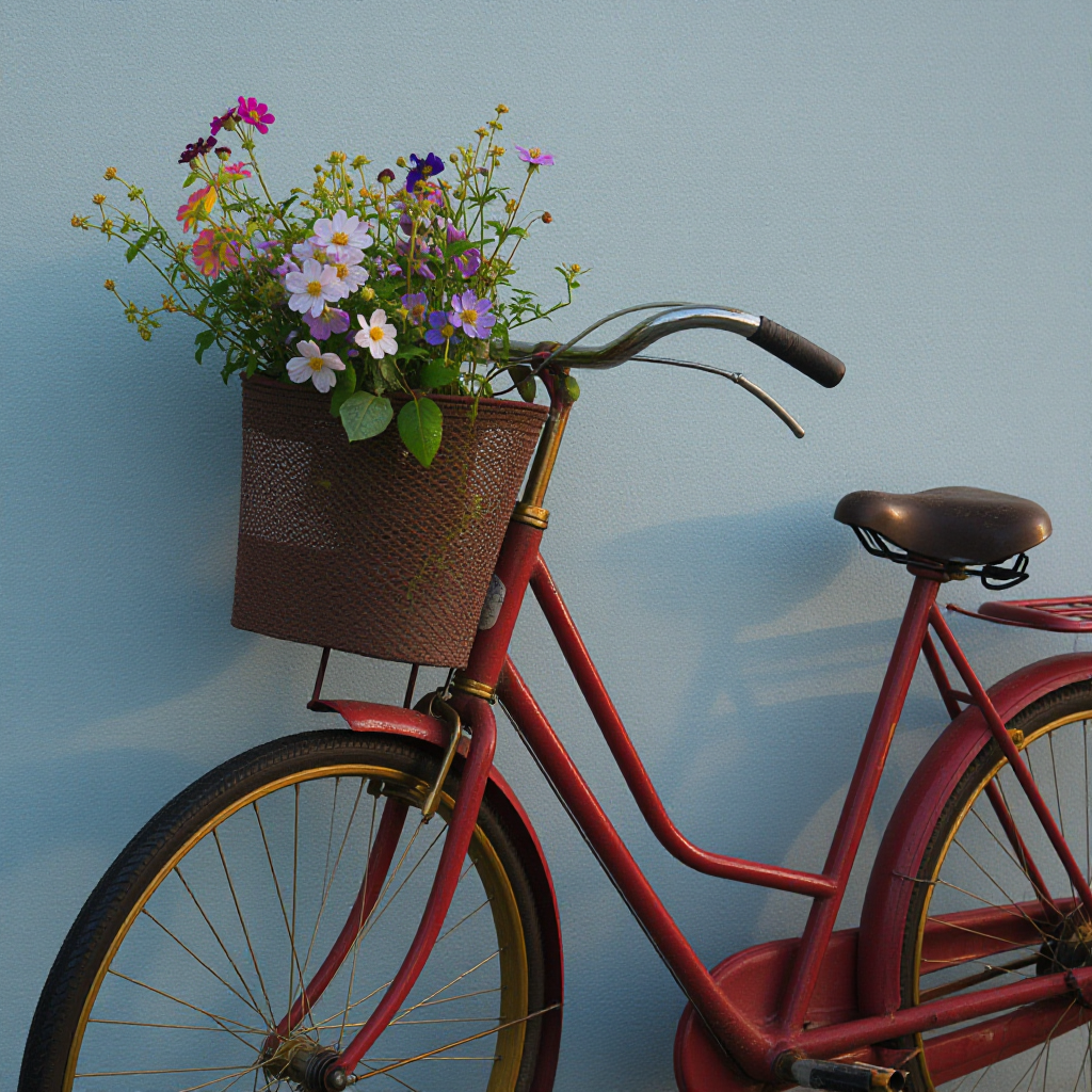 a vintage red bicycle leaning against a pastel blue wall, flowers in the basket