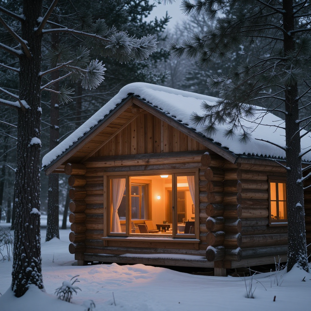 a cozy log cabin in a snowy pine forest, warm light glowing in the windows at night