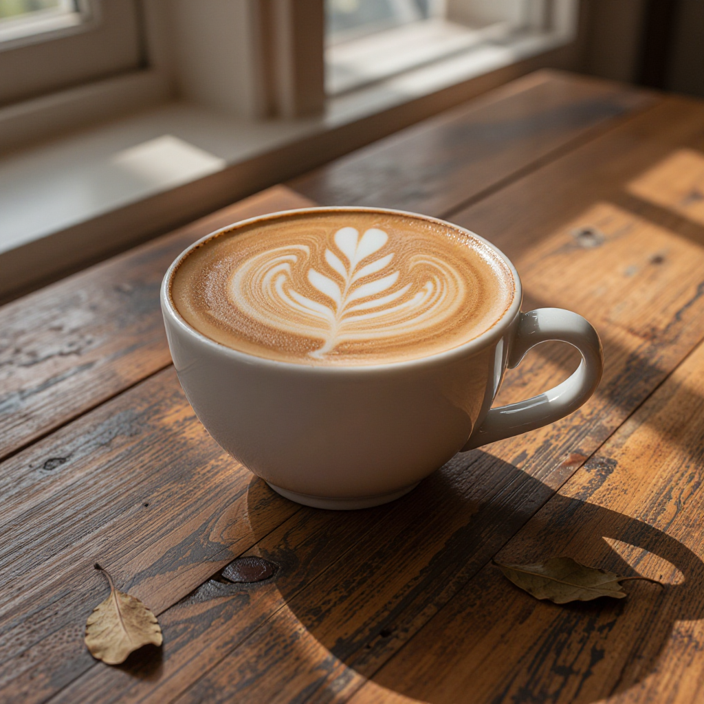 a cup of coffee with delicate latte art on a rustic wooden table, morning light