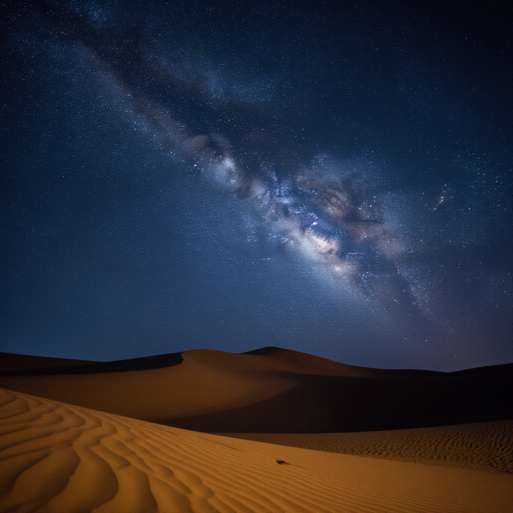 a starry night sky and the milky way over rolling desert sand dunes