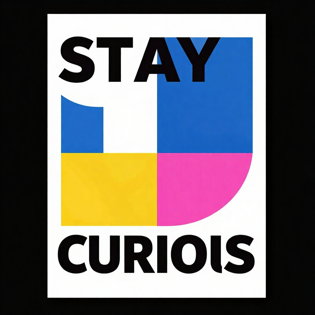 Example: A bold typographic poster with clean geometric layout that reads "STAY CURIOUS"