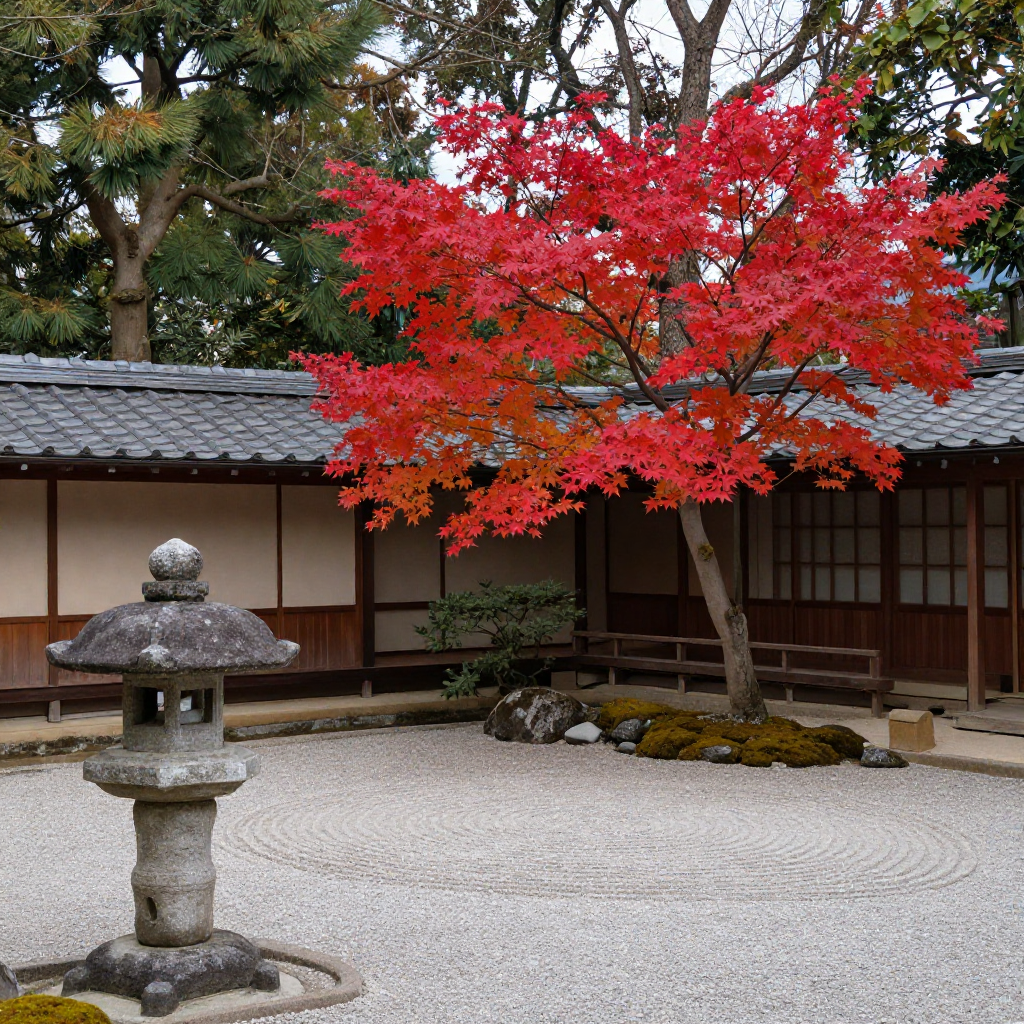 A traditional Japanese garden in autumn, a red maple tree, stone lantern, raked gravel, serene and balanced composition