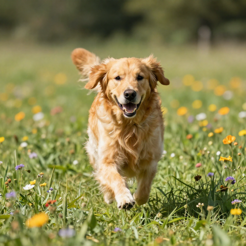 A golden retriever running through a sunlit meadow of wildflowers, motion captured, joyful, shallow depth of field