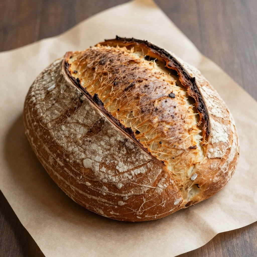 A freshly baked artisan sourdough loaf with a crackled crust, on parchment paper, warm bakery lighting, food photography