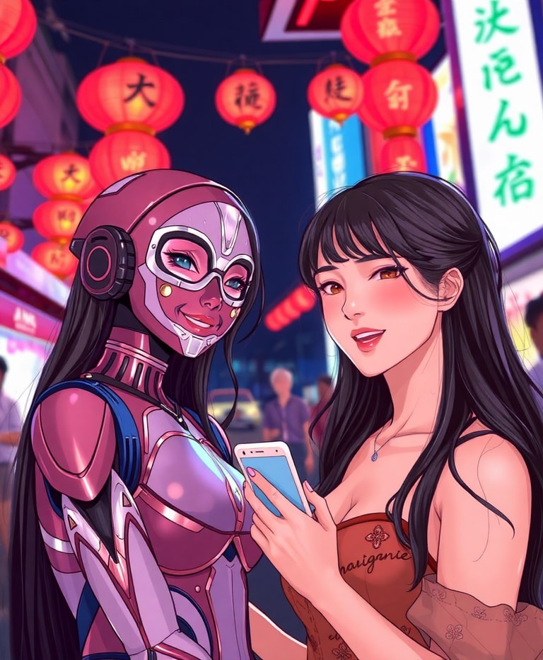 Stylish Anime Girls in a City at Night, with one holding a phone