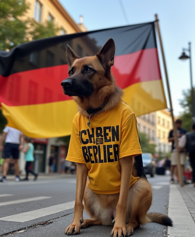 Proud German Shepherd in Berlin Patriotic Dog with Flag