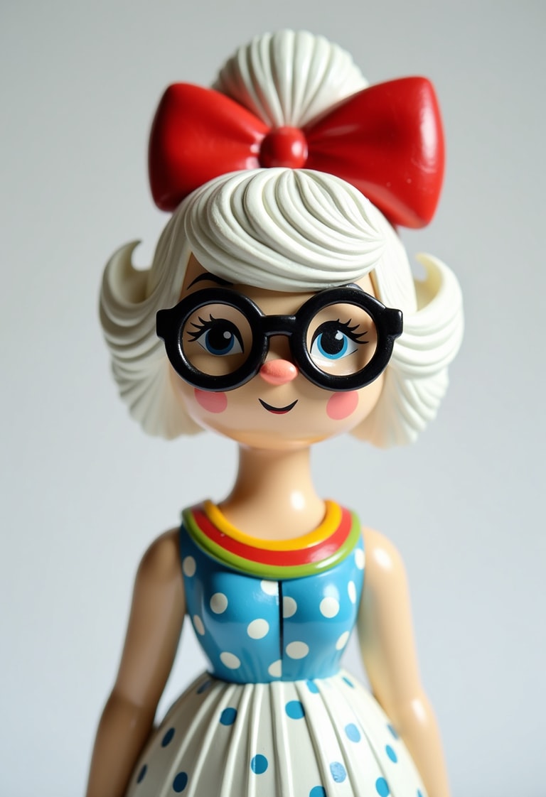 Retro Doll with Rainbow Dress and Red Bow