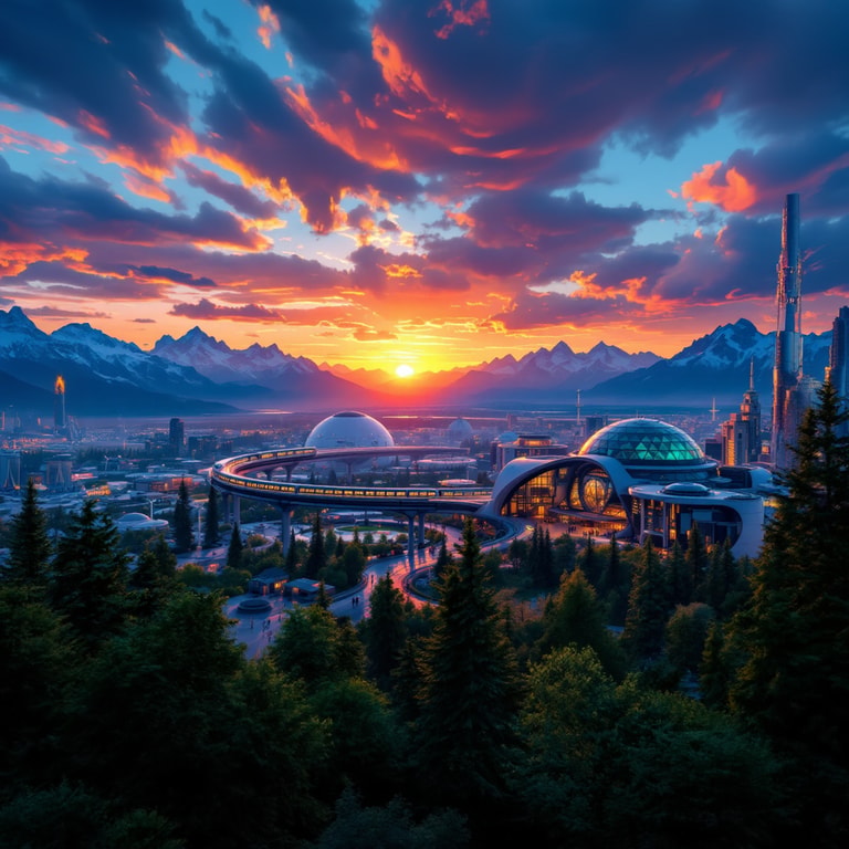 Futuristic Sunset Over Mountain City