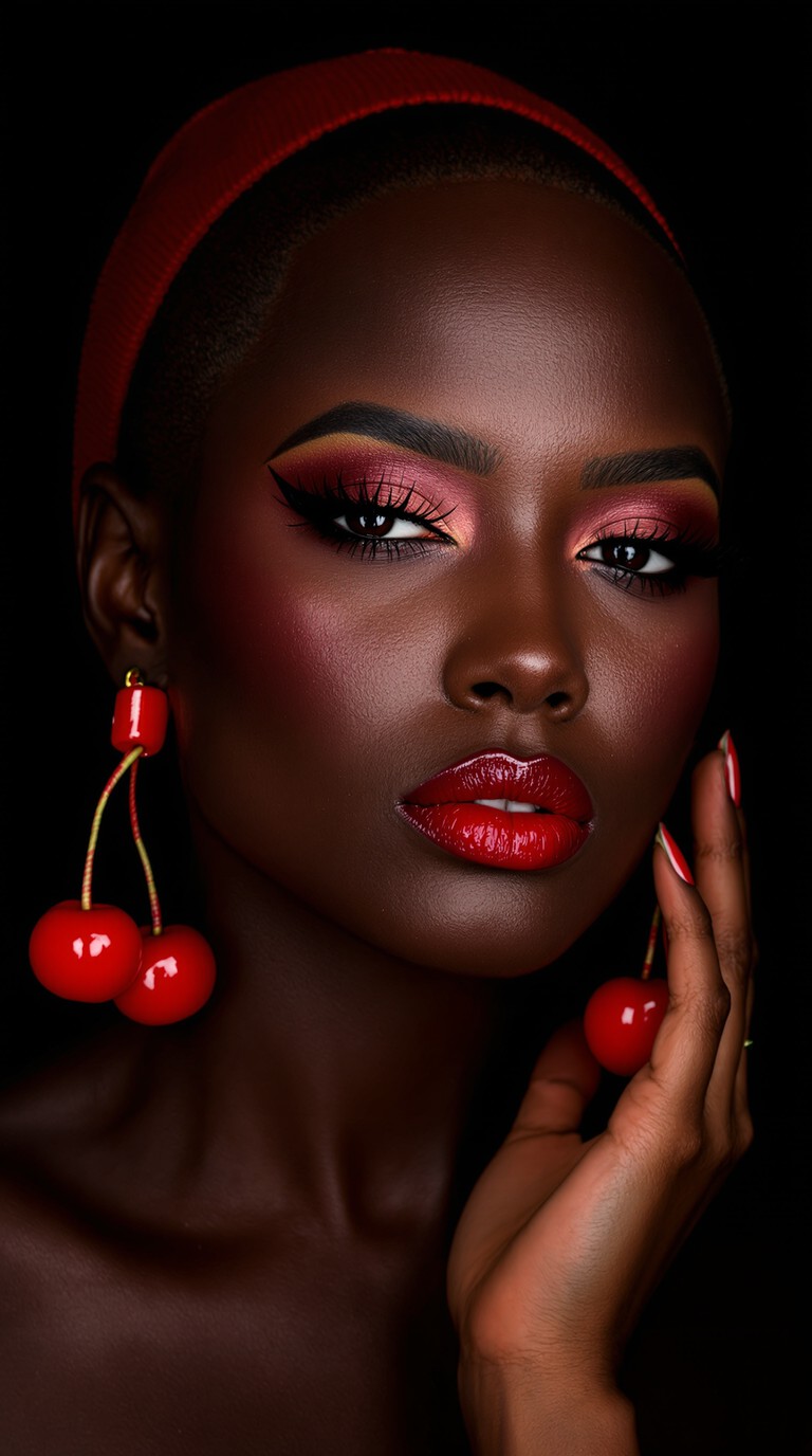 **Cherry Elegance: A Study in Bold Makeup and Accessories**