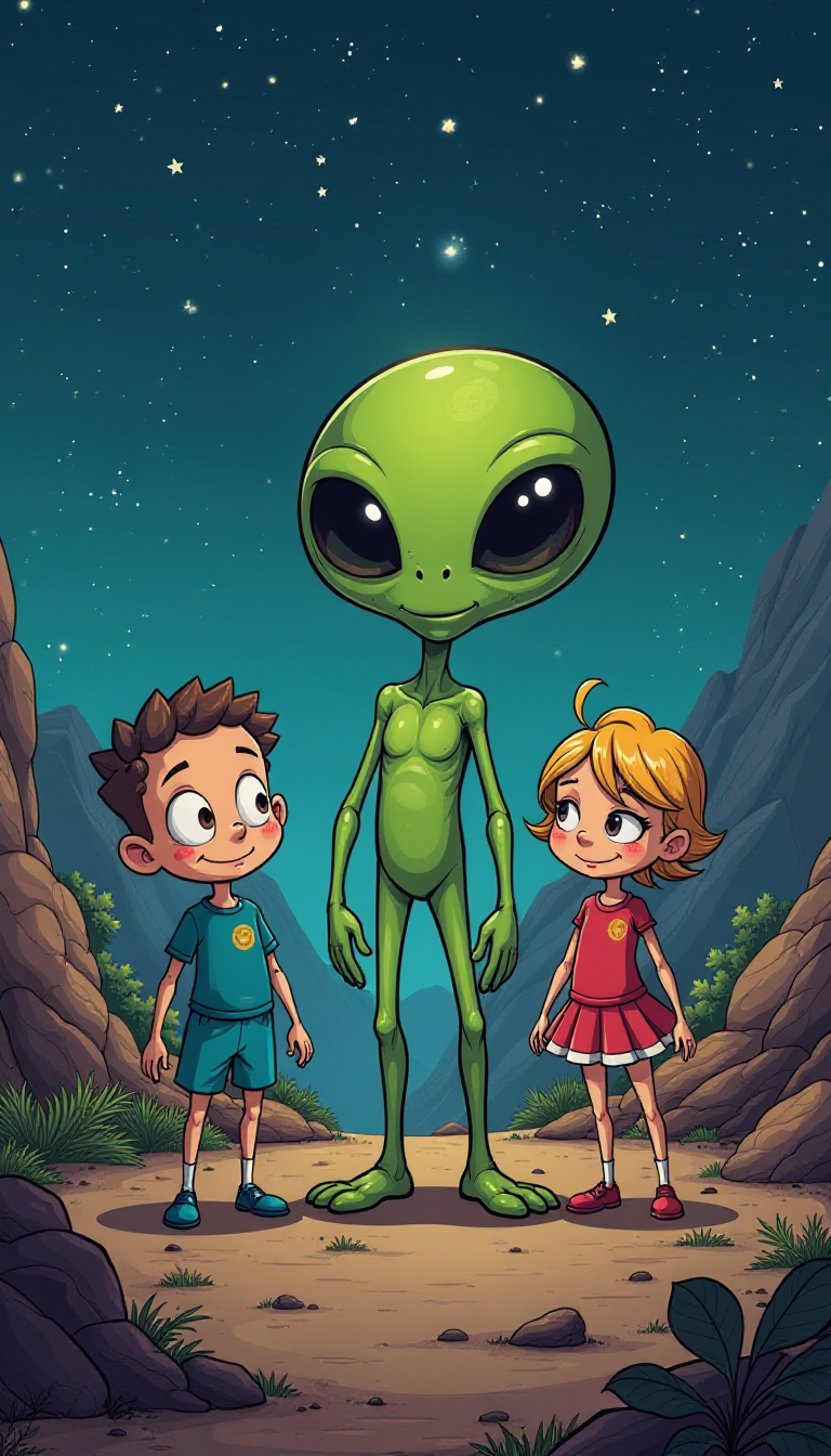 Children and the Friendly Alien Under Starry Skies