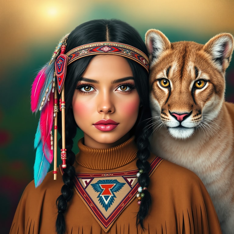 Harmony of Nature: Portrait of a Native Woman and Cougar