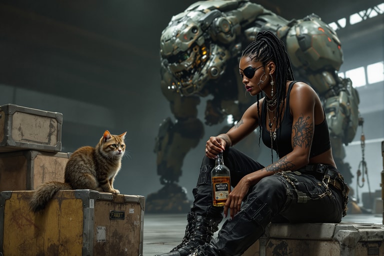 Post-Apocalyptic Encounter: Human, Feline, and Machine