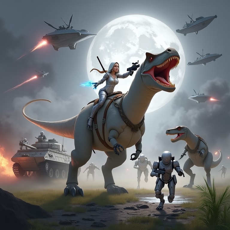 Riding the Dinosaur in a Futuristic Battle