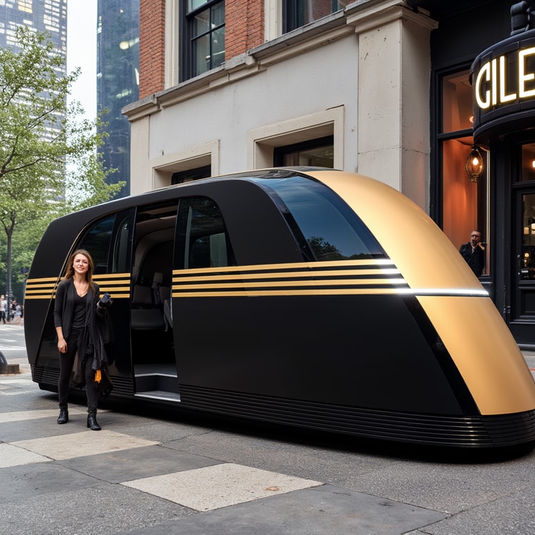 Futuristic Urban Mobility: The Gold-Striped Autonomous Shuttle