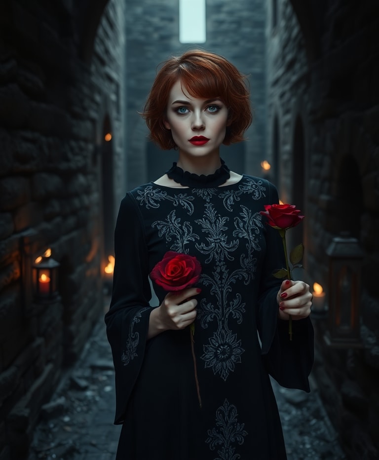 **The Rose Bearer in the Gothic Hallway**