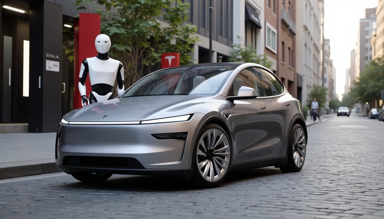 Futuristic Intersection: Robot and Electric Car in Urban Setting