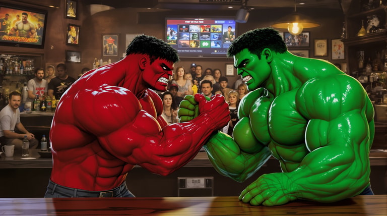 Arm-Wrestling Showdown: Red Hulk vs. Green Hulk in a Bar